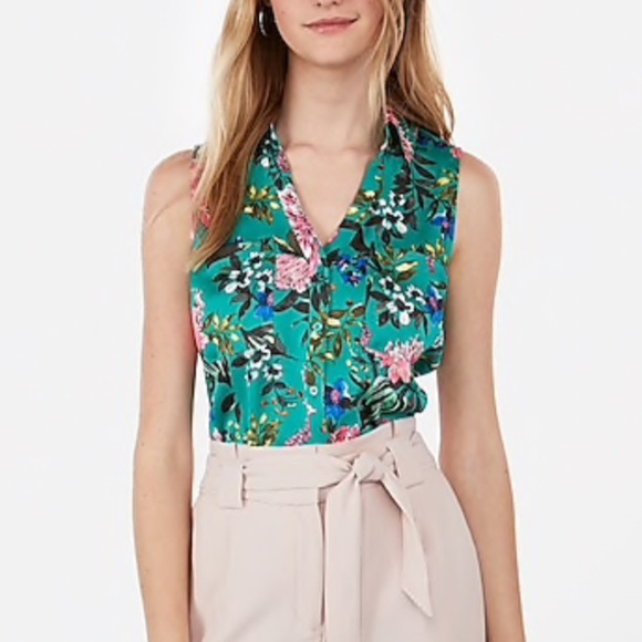 Express Tops - Express Slim Fit Floral Garden Sleeveless Satin Portofino Shirt Blouse MEDIUM